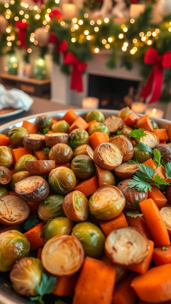 A colorful platter of roasted Brussels sprouts, carrots, and sweet potatoes garnished with parsley, set in a festive holiday scene.